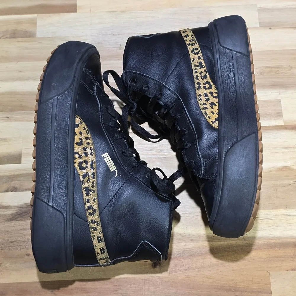 Puma Women's Carina Street Mid Leopard Sneakers Size 8‎ Black Gold